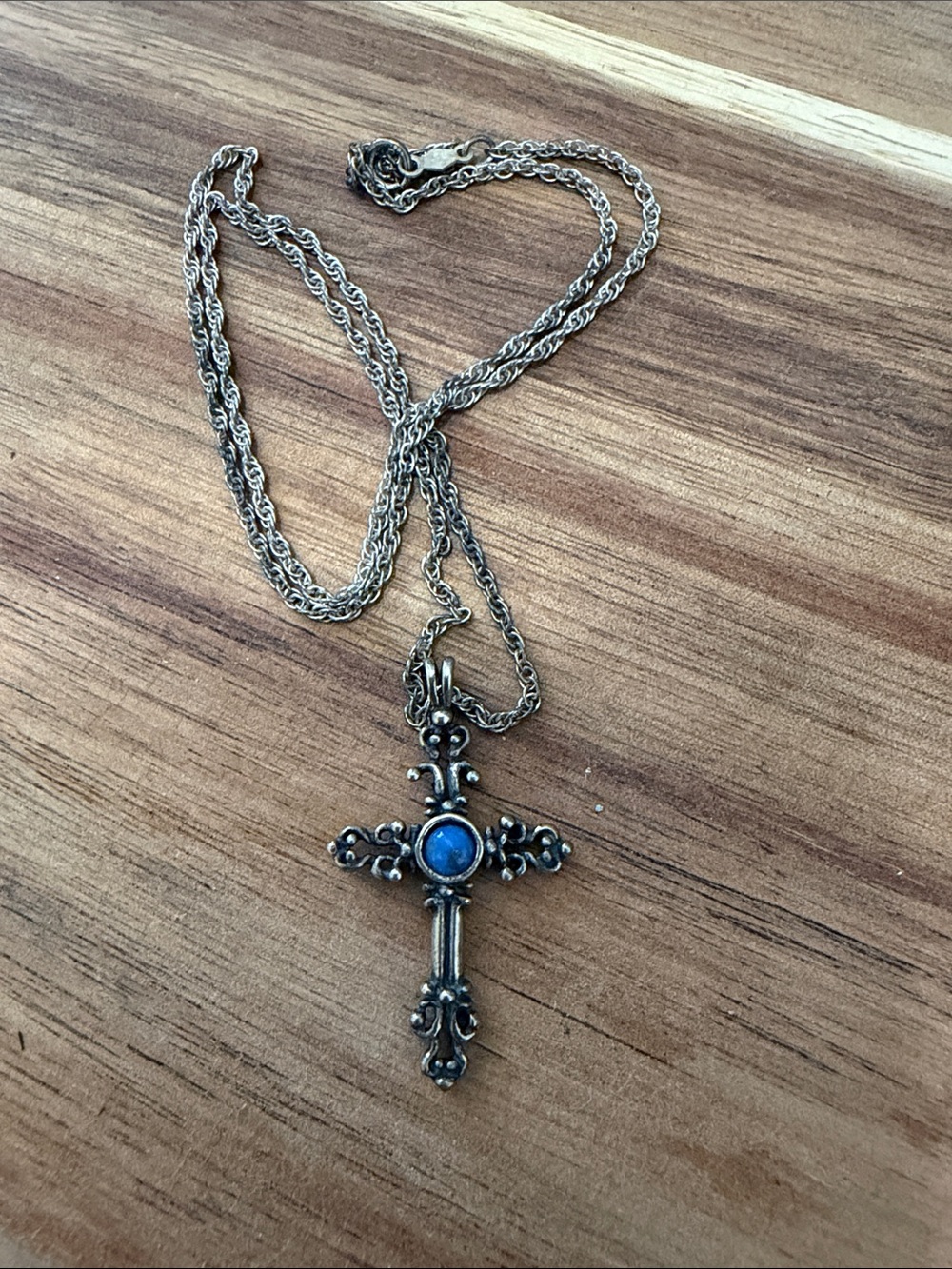 Antique-Style Sterling Silver Cross Pendant Necklace with Blue Stone